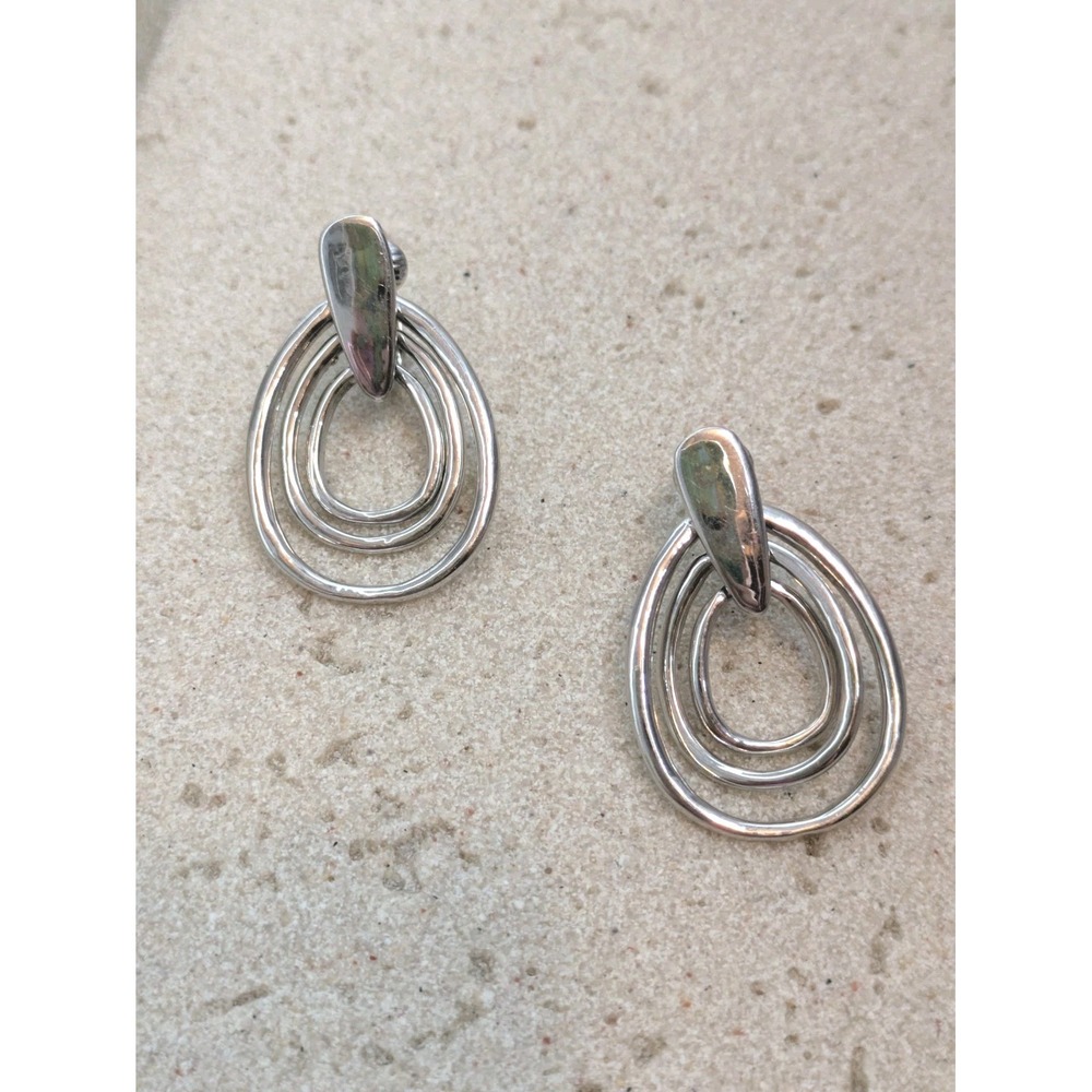Silver Tone Clip On Earrings Oval Tear Drop Abstract Dangle Circular Modernist
